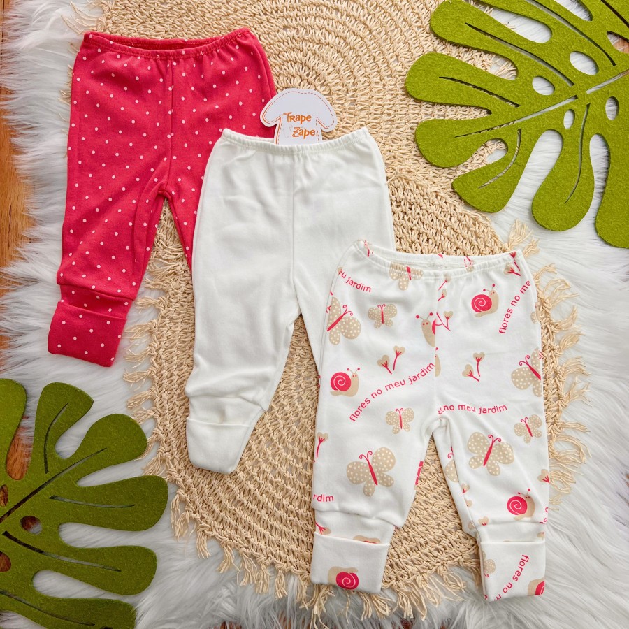 Kit 3 Calças - Flores no Meu Jardim, Off White e Poá Pink